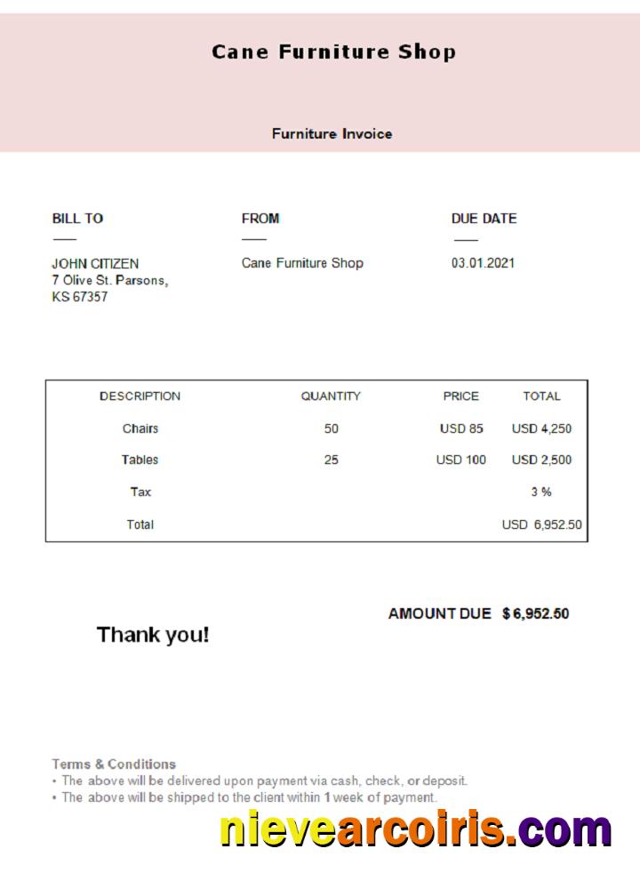 USA Cane Furniture Shop invoice